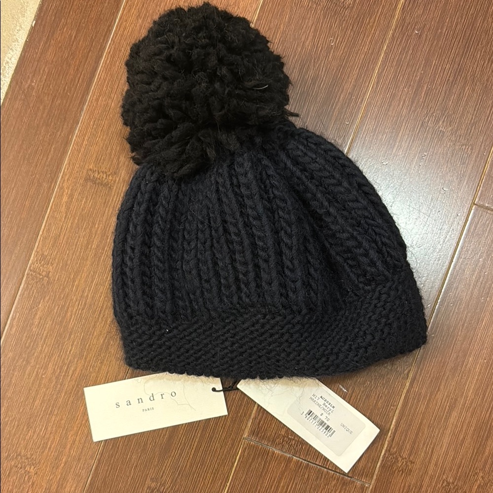Sandro Black Knit Pom-Pom Beanie